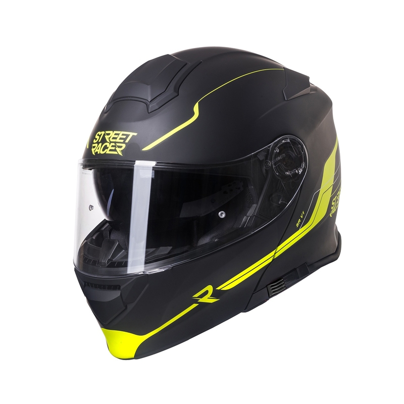 Cască moto modulabilă Street Racer SR V1 negru-galben fluorescent - calitate II