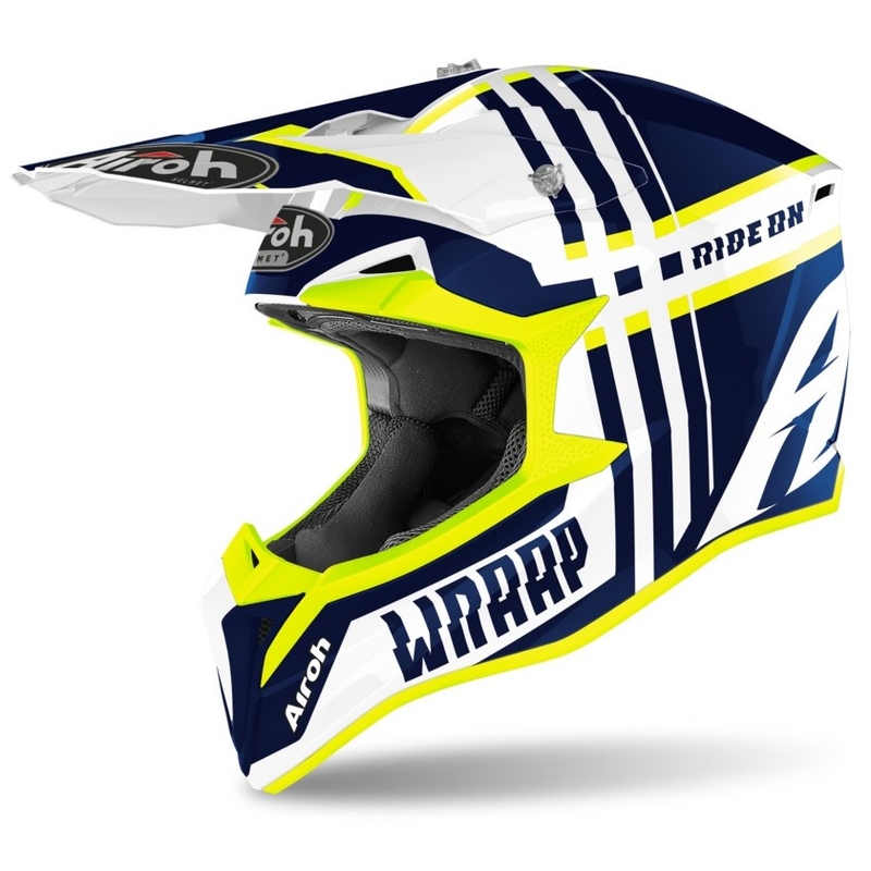 Cască de motocros Airoh Wraap Broken albastru-alb-alb-galben-fluo