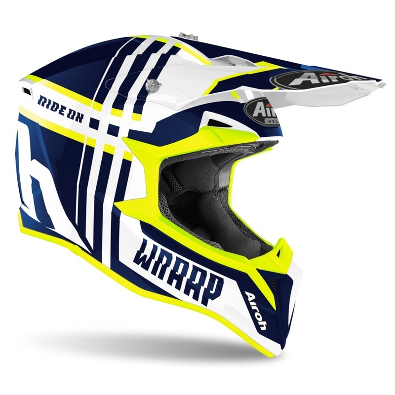 Cască de motocros Airoh Wraap Broken albastru-alb-alb-galben-fluo