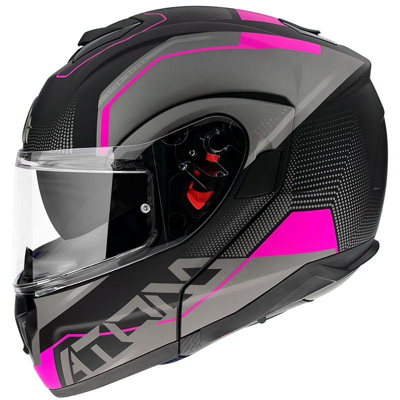 Cască de motociclist MT Atom SV Quark negru-cenușiu-roz cu clapetă flip-up lichidare