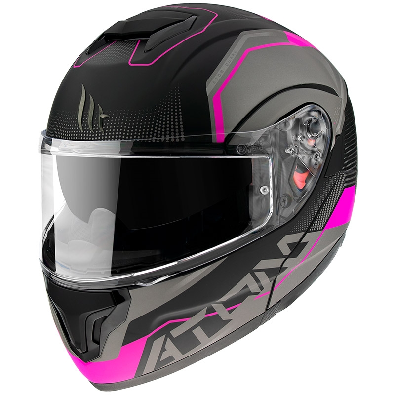 Cască de motociclist MT Atom SV Quark negru-cenușiu-roz cu clapetă flip-up lichidare