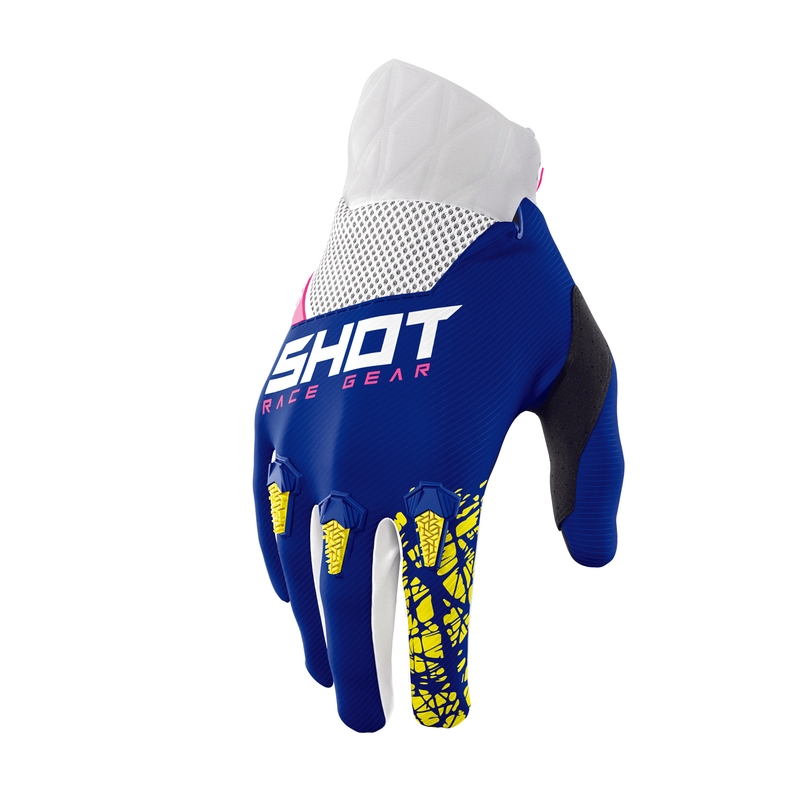Mănuși de motocross Shot Devo Storm albastru-galben-alb-alb-roz lichidare