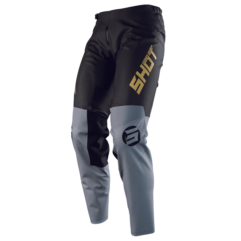 Pantaloni motocross pentru copii Shot Devo Storm negru-gri-aur výprodej lichidare