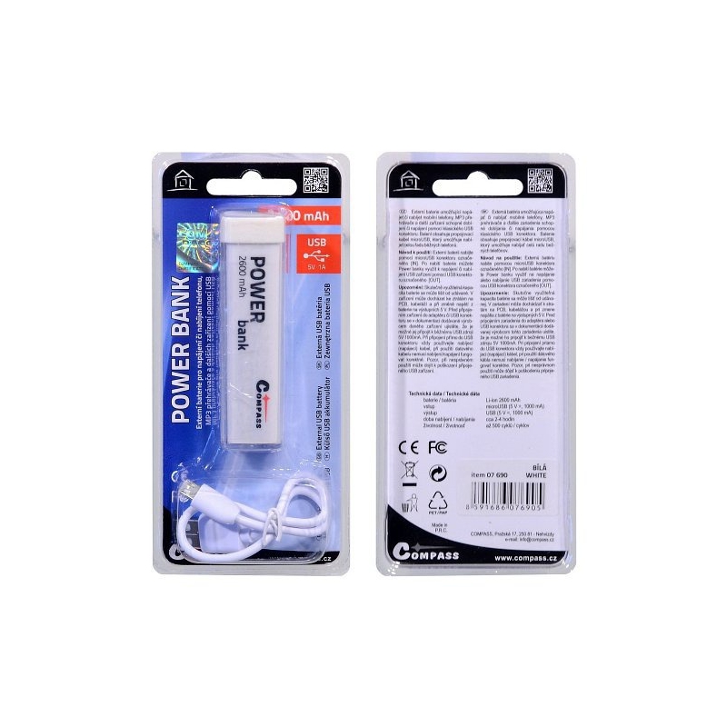 POWER BANK 2600mA alb + cablu de 30cm
