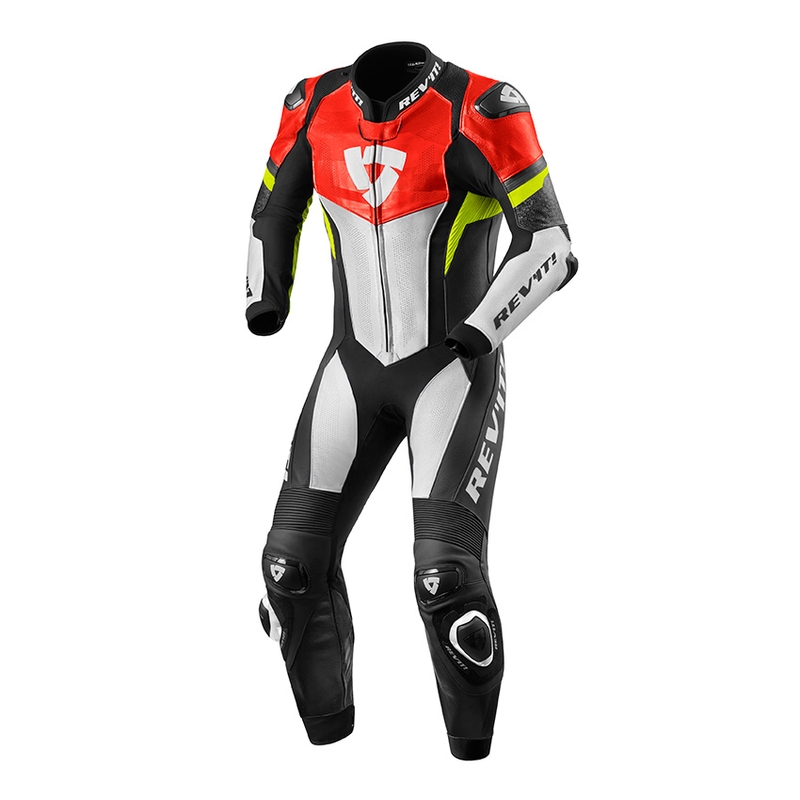 Costum de motociclist Revit Hyperspeed roșu neon și galben neon dintr-o singură bucată lichidare
