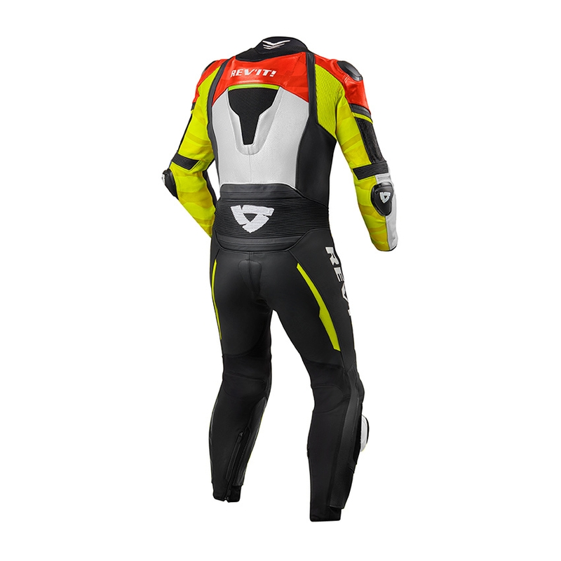Costum de motociclist Revit Hyperspeed roșu neon și galben neon dintr-o singură bucată lichidare