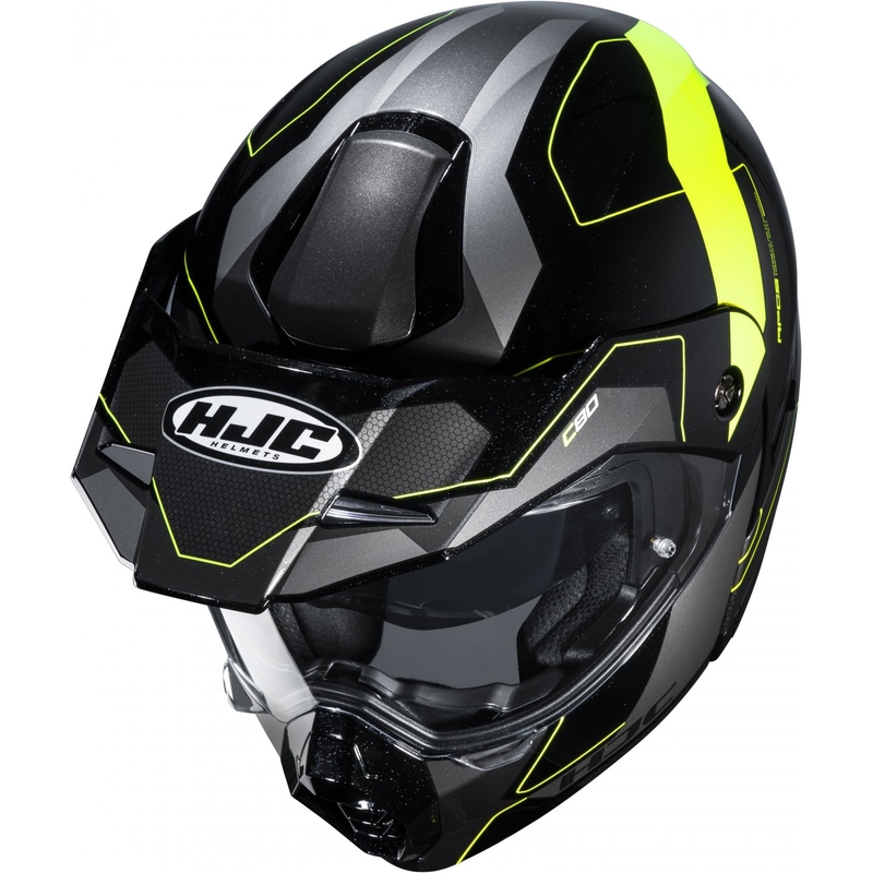 Cască de motociclist HJC C80 Rox MC4H negru-cenușiu-galben-fluo cu clapetă flip-up