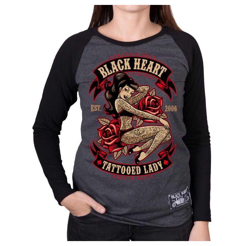 Tricou pentru femei Black Heart Tattooed Lady negru și gri