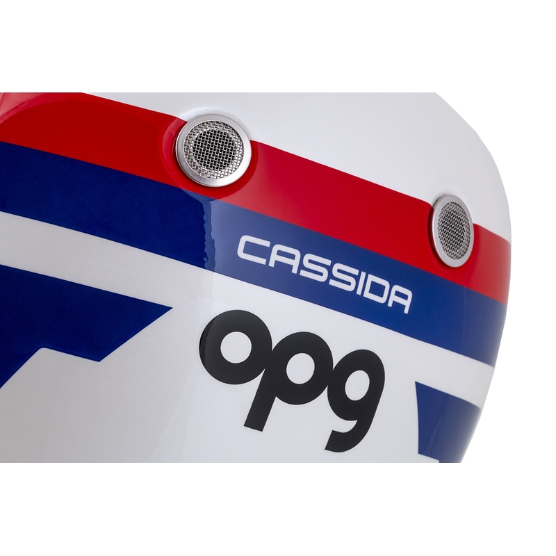 Cască de motociclist integrală Cassida Fibre OPG alb-albastru-roșu