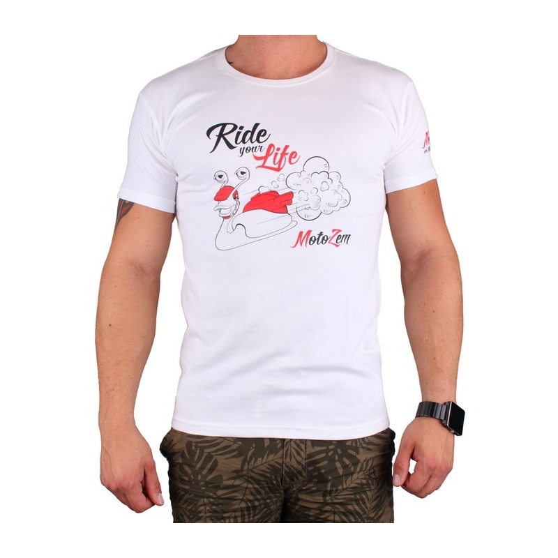 Tricou s motivem MotoZem Ride your life alb lichidare