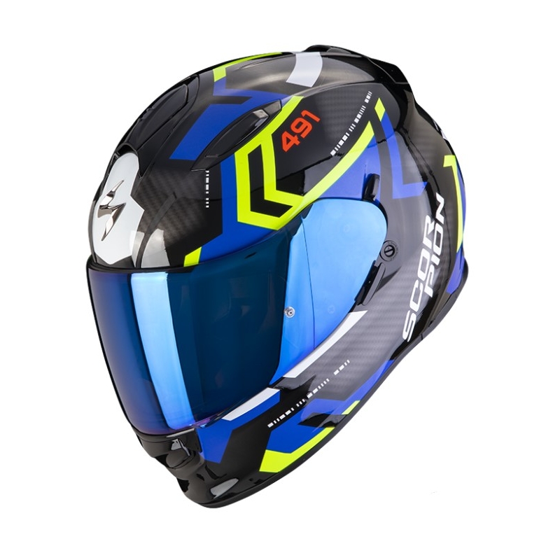 Cască integrală pentru motociclete SCORPION EXO-491 SPIN negru-albastru-galben-fluo lichidare