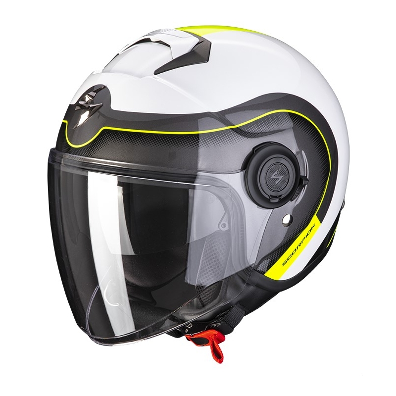 Cască de motocicletă deschisă Scorpion EXO-CITY ROLL alb perlat-galben fluo