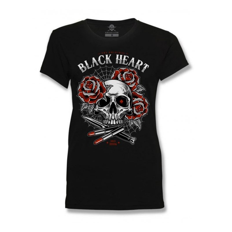 Femei Black Heart Lipstick Skull T-shirt negru negru