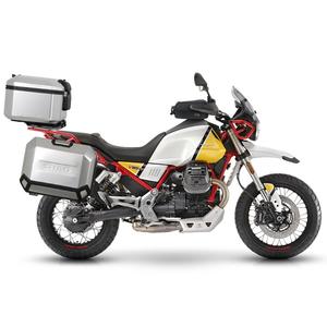 Set complet de cutii de aluminiu SHAD TERRA, 37L cutie centrala si 36L / 47L cutii laterale, incluzand set de montaj si placa SHAD MOTO GUZZI V 85 TT