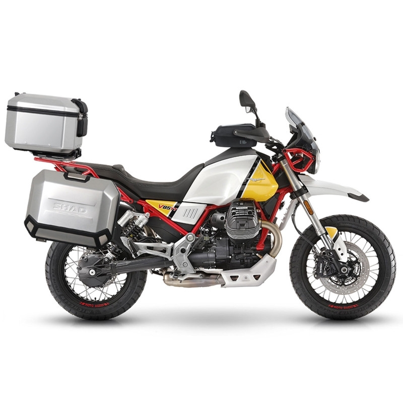 Set complet de cutii aluminiu SHAD TERRA, 48L cutie centrala si 36L / 47L cutii laterale, incluzand set de montaj si placa SHAD MOTO GUZZI V 85 TT
