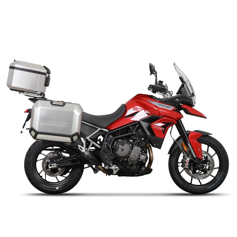 Set complet de cutii aluminiu SHAD TERRA, 48L cutie centrala si 36L / 47L cutii laterale, incluzand set de montaj si placa SHAD TRIUMPH Tiger 900