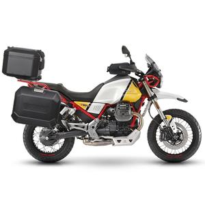 Set complet cutii aluminiu SHAD TERRA (negru), 37L cutie centrala   36L / 47L cutii laterale, incluzand kit montare si placa SHAD MOTO GUZZI V 85 TT