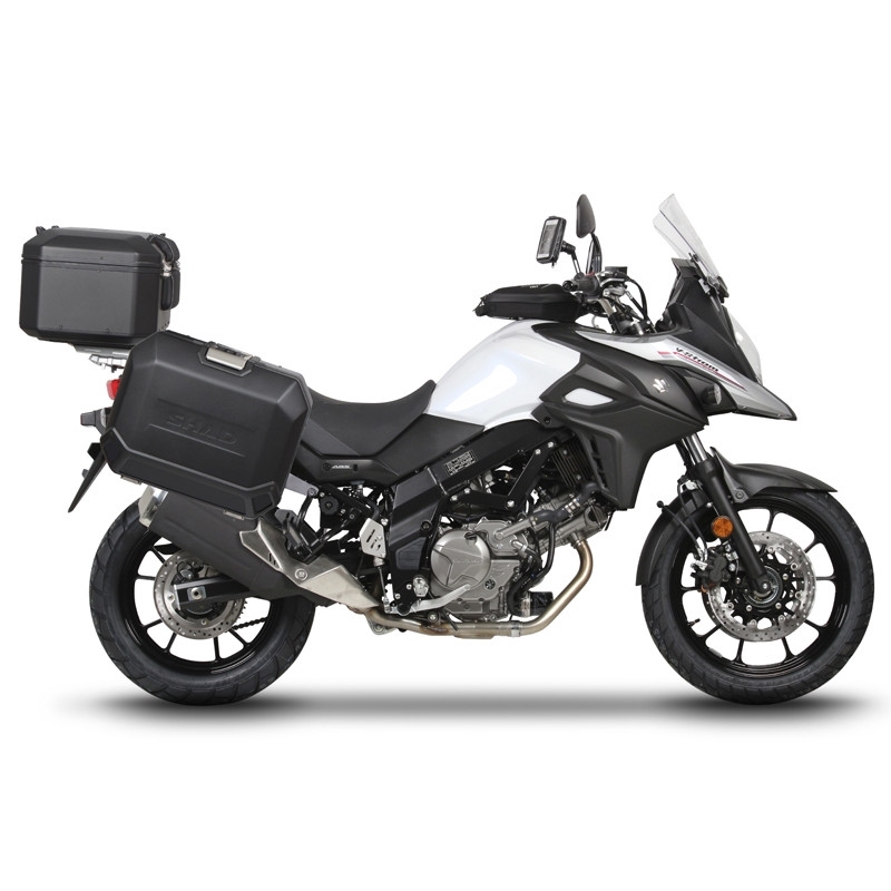 Set complet de cutii de aluminiu SHAD TERRA NEGRU, 48L cutie centrala si 36L / 36L cutii laterale, incluzand kit de montaj si placa SHAD SUZUKI DL 650 V-Strom