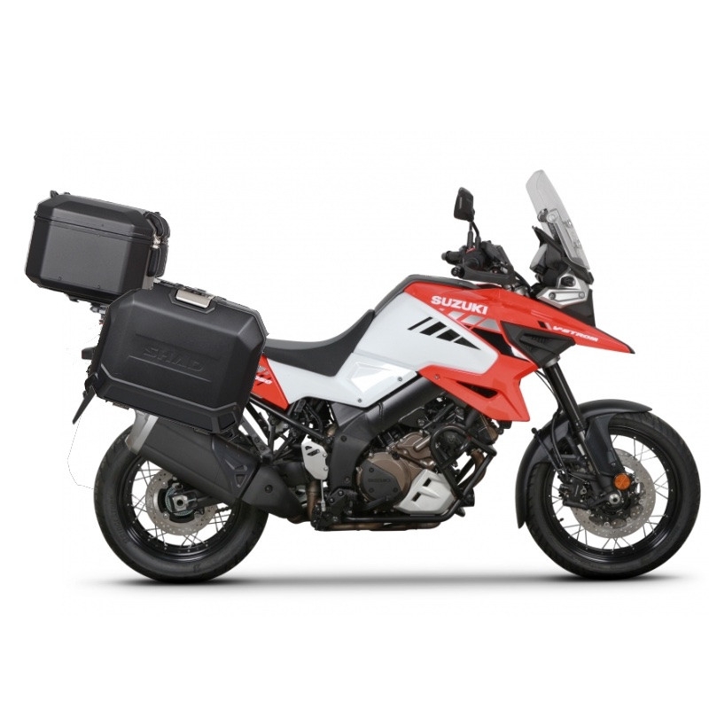 Set complet de cutii de aluminiu, SHAD TERRA NEGRU, 48L cutie centrala si 47L / 47L cutii laterale, incluzand kit de montaj si placa SHAD SUZUKI DL 1000 V-Strom/ DL 1050 V-Strom