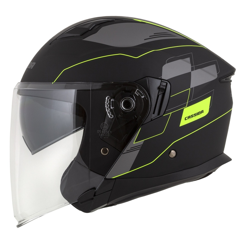 Cassida Jet Tech Roxor cască de motocicletă deschisă negru-gri-galben-fluo mată lichidare