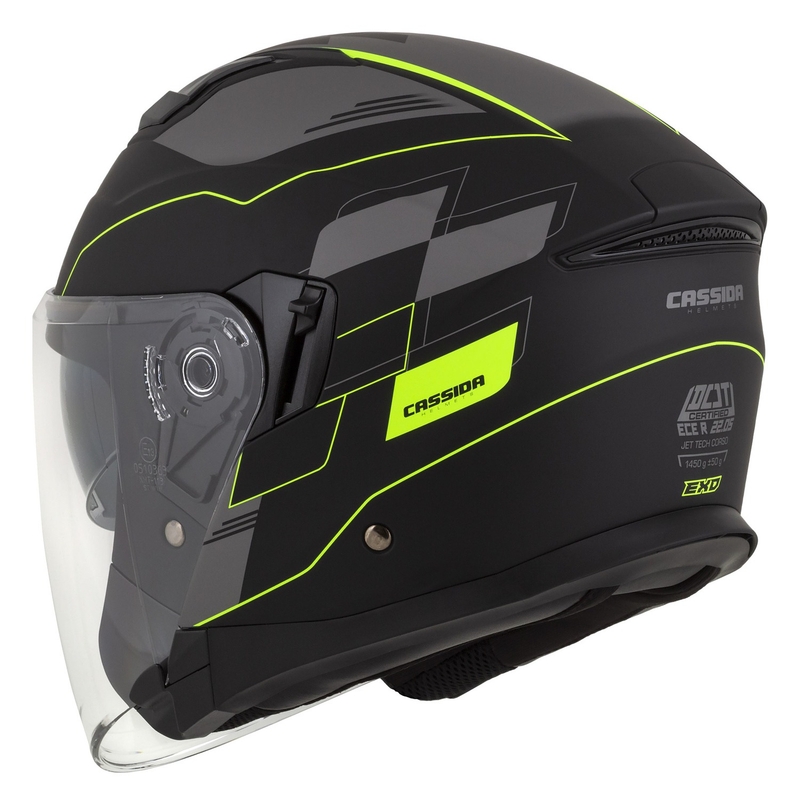 Cassida Jet Tech Roxor cască de motocicletă deschisă negru-gri-galben-fluo mată lichidare