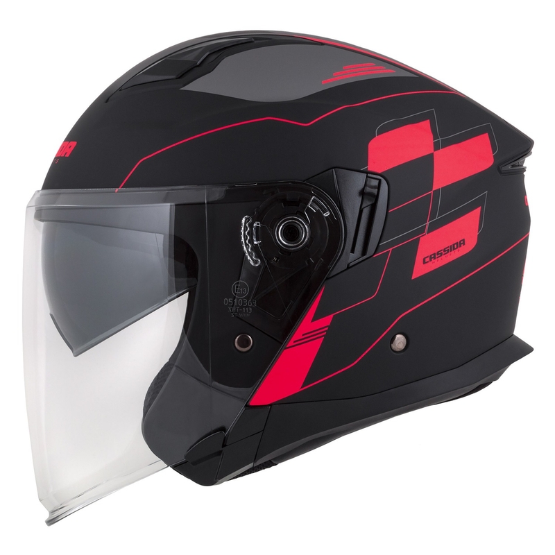 Cassida Jet Tech Roxor cască de motociclist deschisă negru-gri-fluo roșu mat