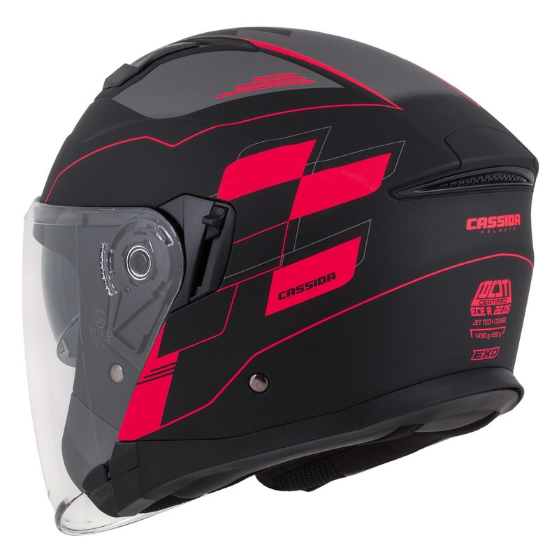 Cassida Jet Tech Roxor cască de motociclist deschisă negru-gri-fluo roșu mat