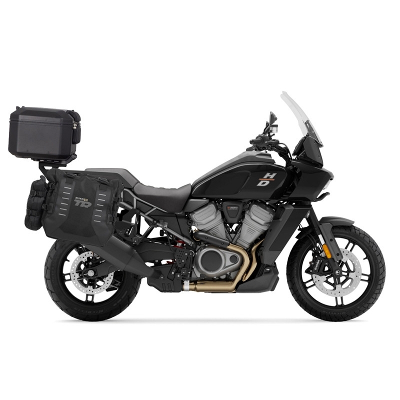 Set complet de genti laterale adventure SHAD TERRA TR40 si topcase din aluminiu SHAD TERRA BLACK 37L, incluzand kitul de montaj SHAD Harley Davidson Pan America 1250