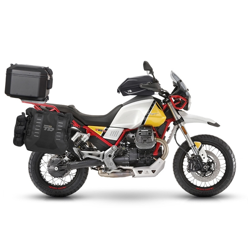 Set complet de genti laterale adventure SHAD TERRA TR40 si topcase din aluminiu SHAD TERRA BLACK 37L, incluzand kitul de montaj SHAD MOTO GUZZI V 85 TT