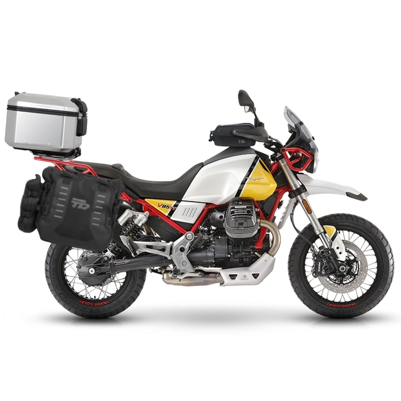 Set complet de genti laterale adventure SHAD TERRA TR40 si topcase din aluminiu SHAD TERRA 48L, incluzand kitul de montaj SHAD MOTO GUZZI V 85 TT