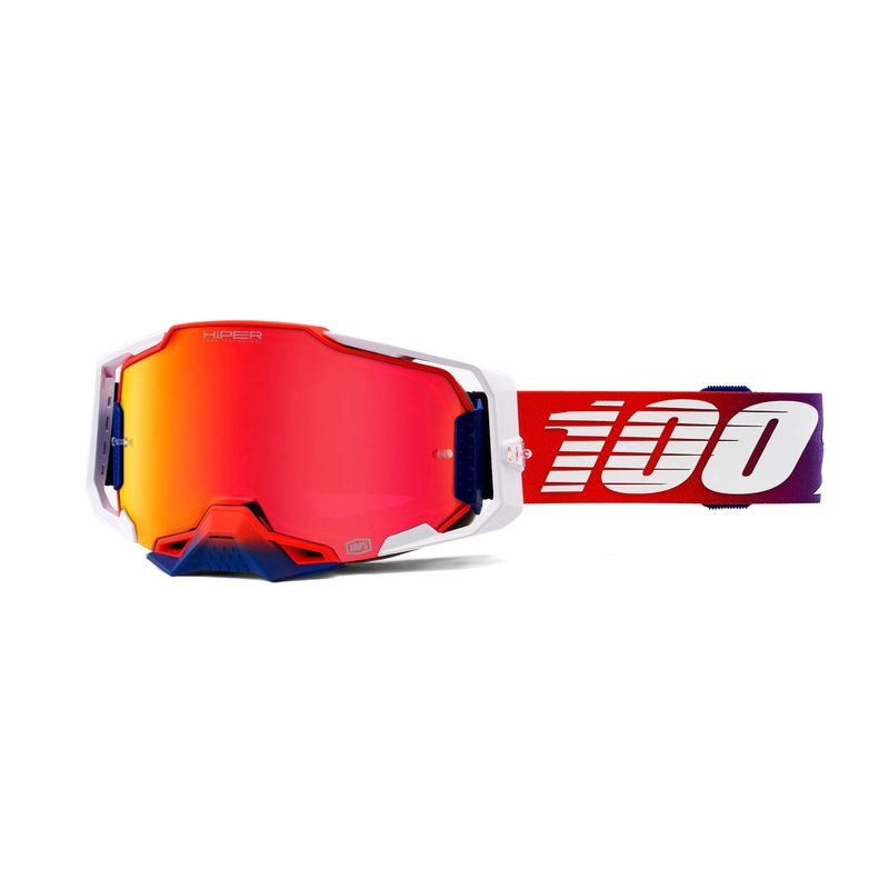 Ochelari de motocros 100% ARMEGA Factory HIPER alb-roșu-albastru (plexi roșu-cromat)