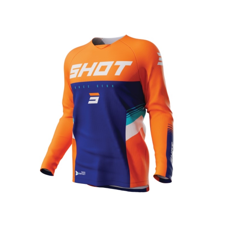 Tricoul de motocross pentru copii Shot Raw Kid Tracer alb-albastru-albastru-fluo portocaliu