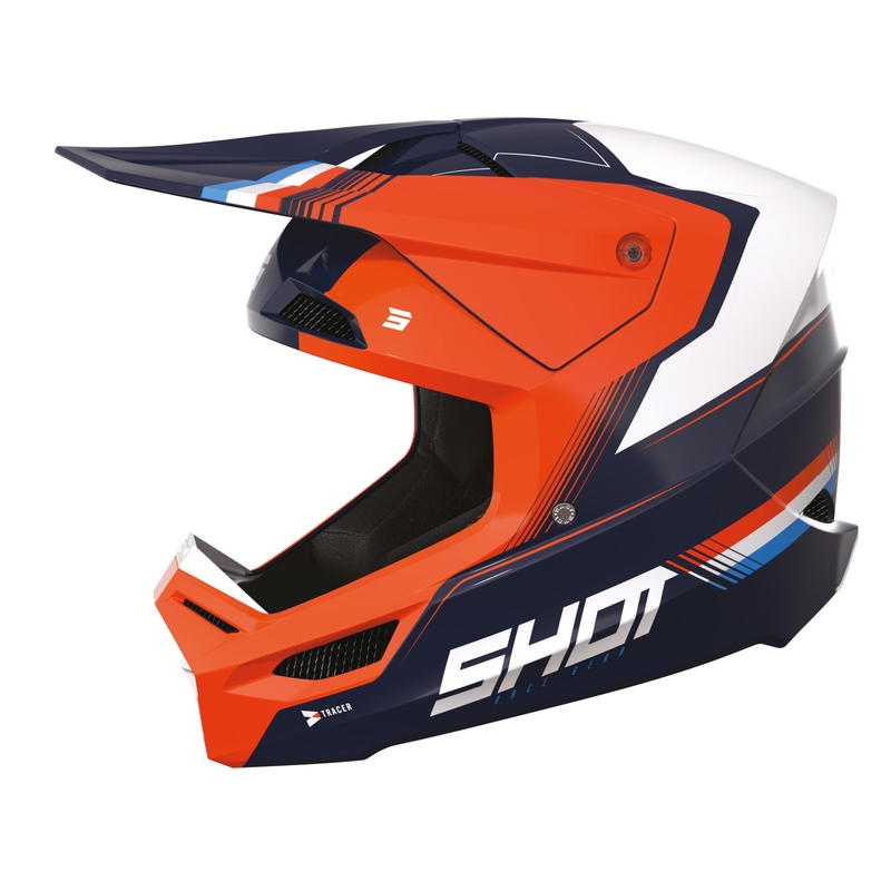 Cască de motocros pentru copii Shot Race Tracer alb-albastru-portocaliu