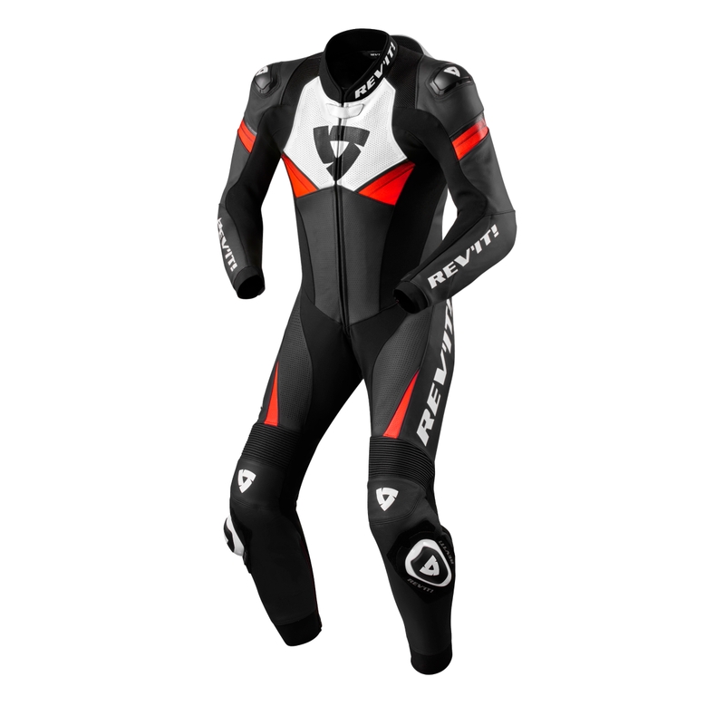 Costum moto dintr-o bucata Revit Argon 2 negru-rosu fluo
