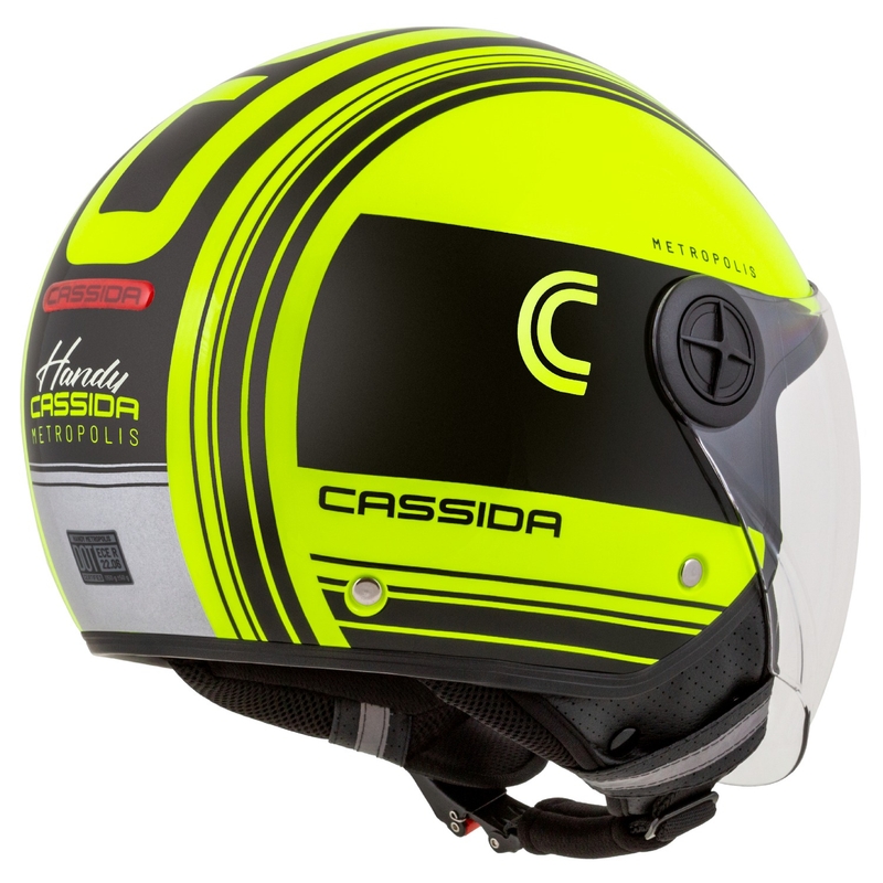 Cască de motocicletă deschisă Cassida Handy Metropolis Safety galben fluo-negru-reflectorizant gri deschis