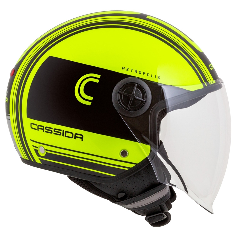 Cască de motocicletă deschisă Cassida Handy Metropolis Safety galben fluo-negru-reflectorizant gri deschis