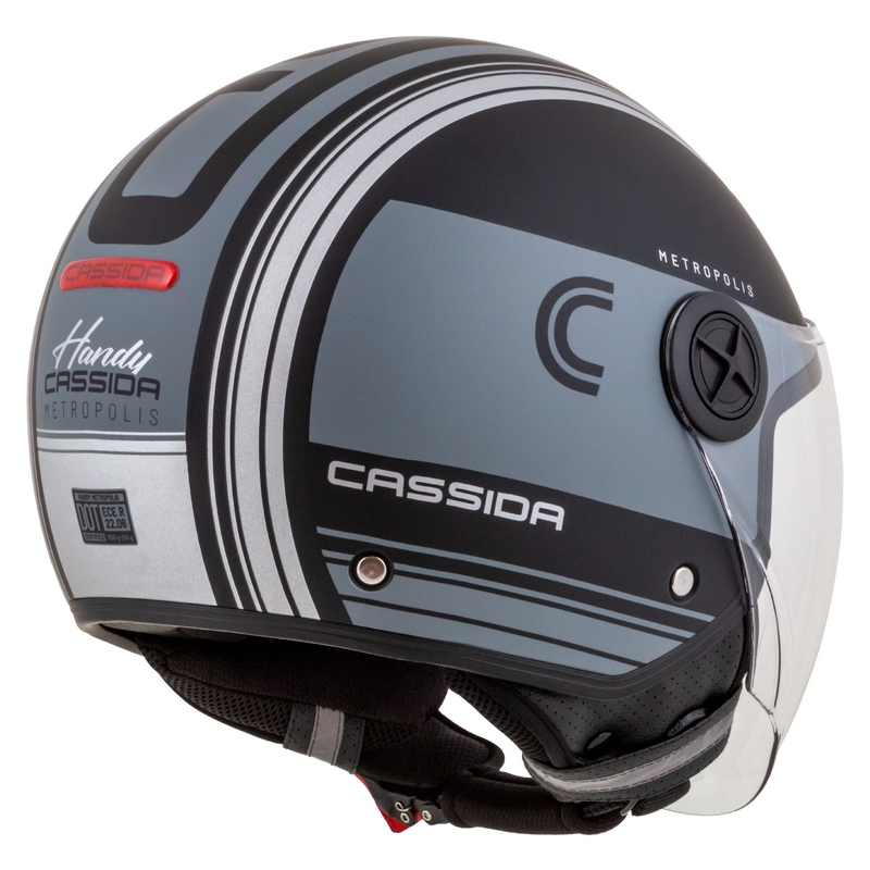 Cască de motocicletă Cassida Handy Metropolis Vision open face, neagră-gri reflectorizant