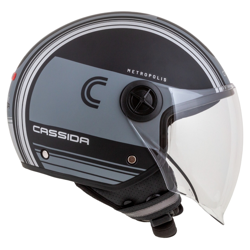 Cască de motocicletă Cassida Handy Metropolis Vision open face, neagră-gri reflectorizant