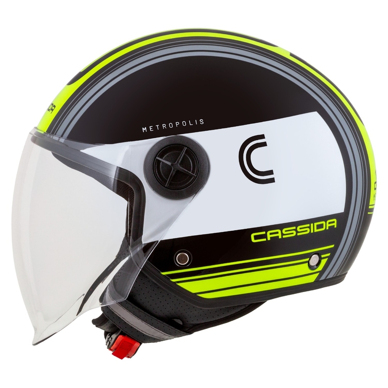 Cască de motocicletă Cassida Handy Metropolis Negru-alb-galben-fluo-gri deschis Casca de motocicletă Cassida Handy Metropolis Black-White-Fluo Yellow-Grey