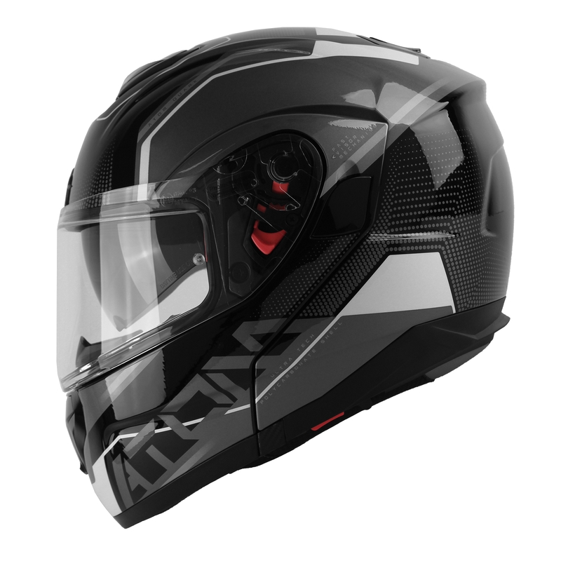 Cască de motociclist MT Atom SV Quark negru-gri-alb cu clapetă flip-up lichidare