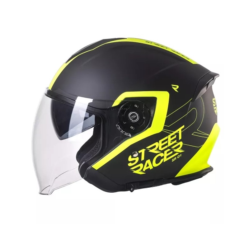 Cască moto open-face Street Racer SR 01 negru-galben fluorescent - calitate II