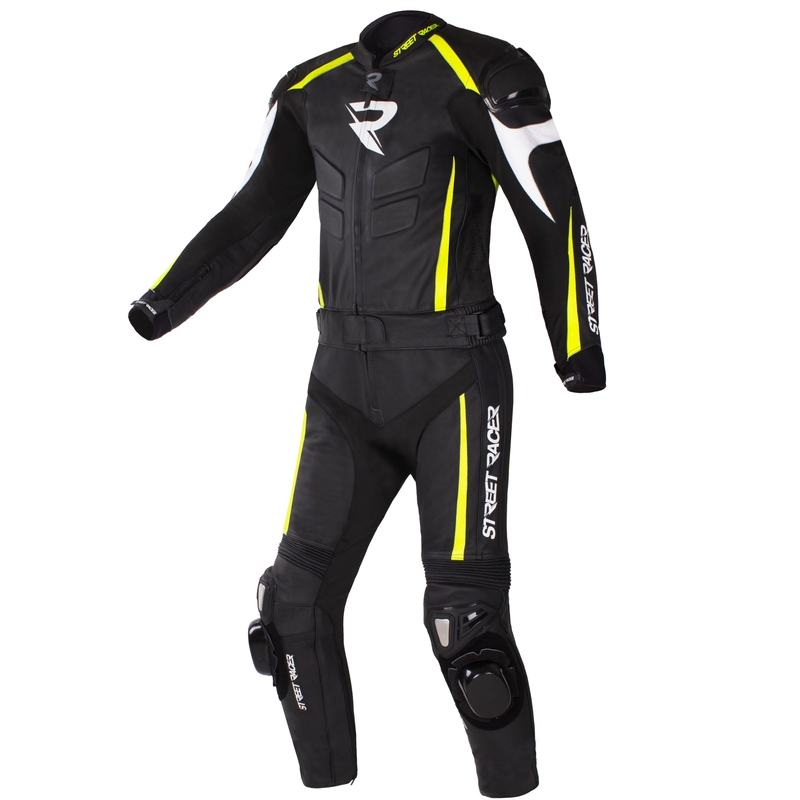 Salopetă de motociclist Street Racer Fast Track 2 negru-alb-galben-fluo pentru motociclete lichidare