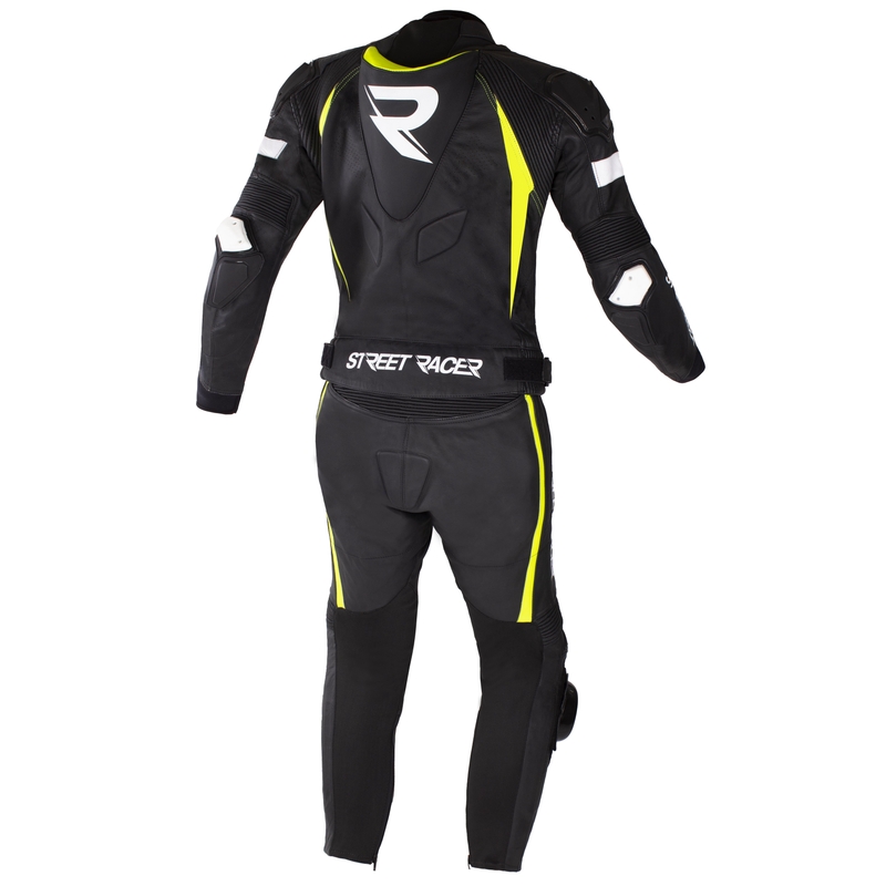 Salopetă de motociclist Street Racer Fast Track 2 negru-alb-galben-fluo pentru motociclete lichidare
