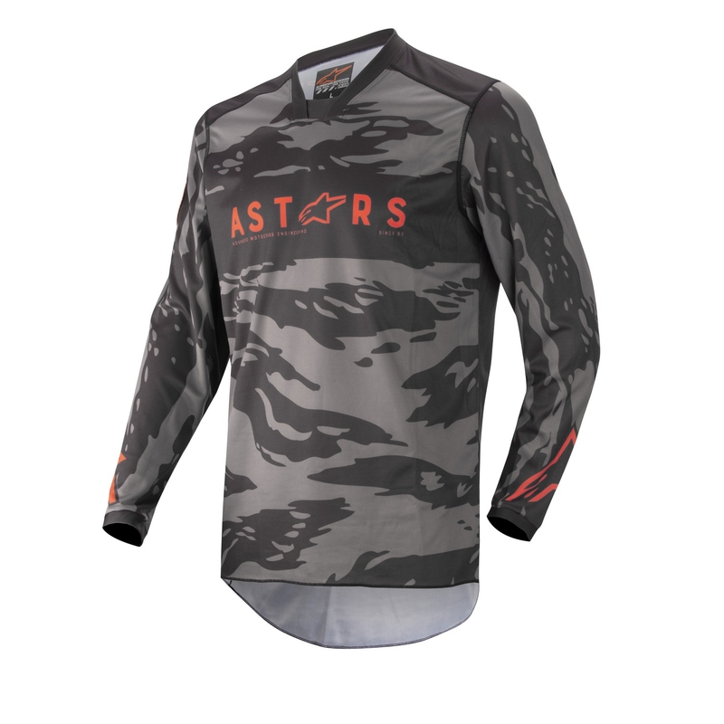 Tricoul de motocross pentru copii Alpinestars Racer Tactical camuflaj negru-gri-fluo roșu