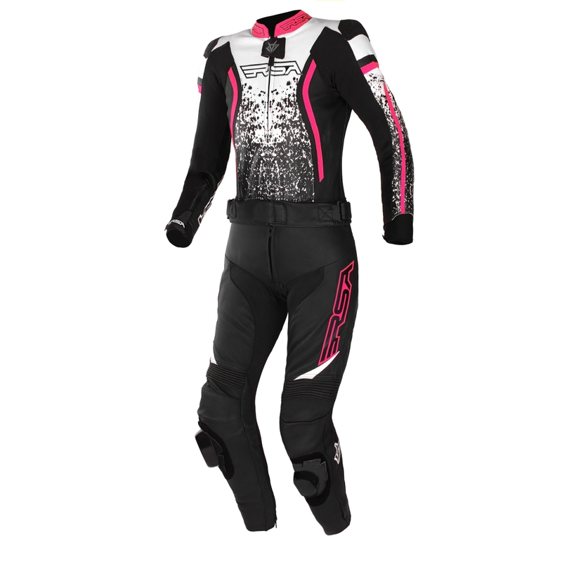 Costum de motocicletă pentru femei RSA GT2 negru-alb-roz fluo la reducere lichidare