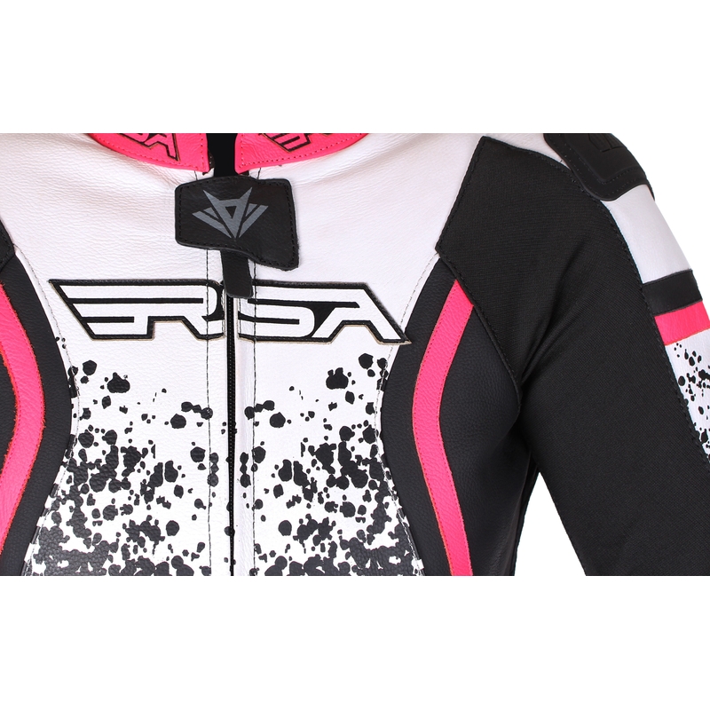 Costum de motocicletă pentru femei RSA GT2 negru-alb-roz fluo la reducere lichidare