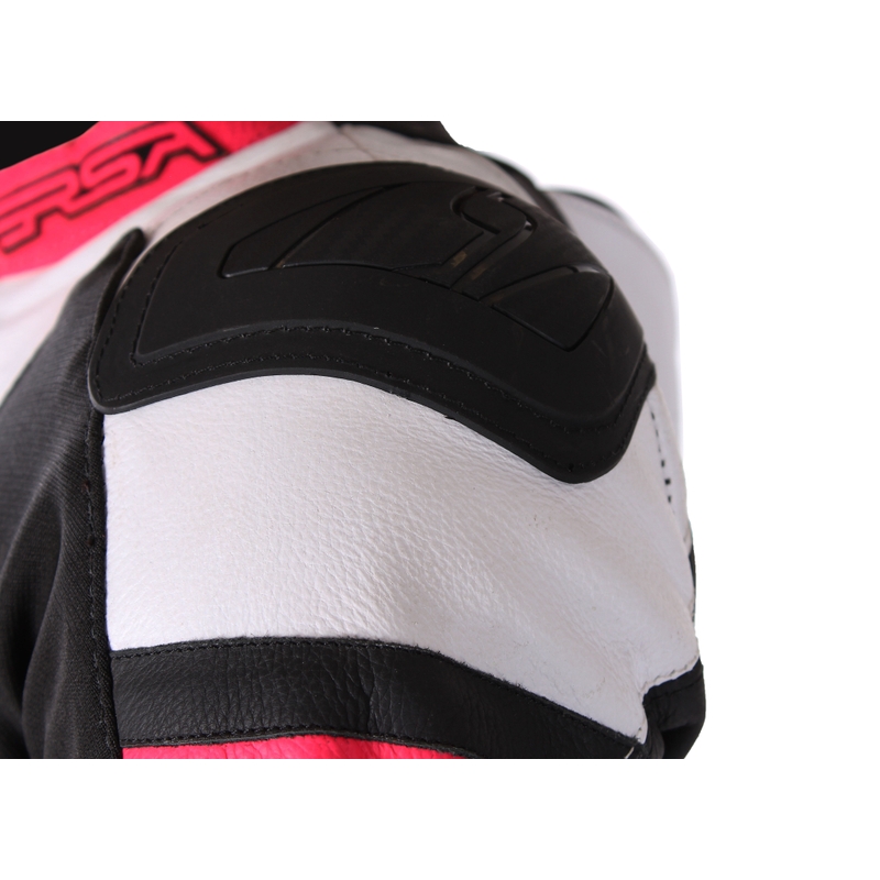 Costum de motocicletă pentru femei RSA GT2 negru-alb-roz fluo la reducere lichidare