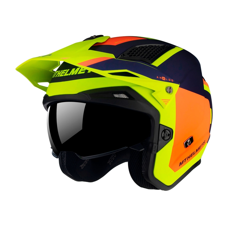 Cască de motocicletă MT District SV Analog D27 albastru-portocaliu-fluo-galben deschis pentru trialuri