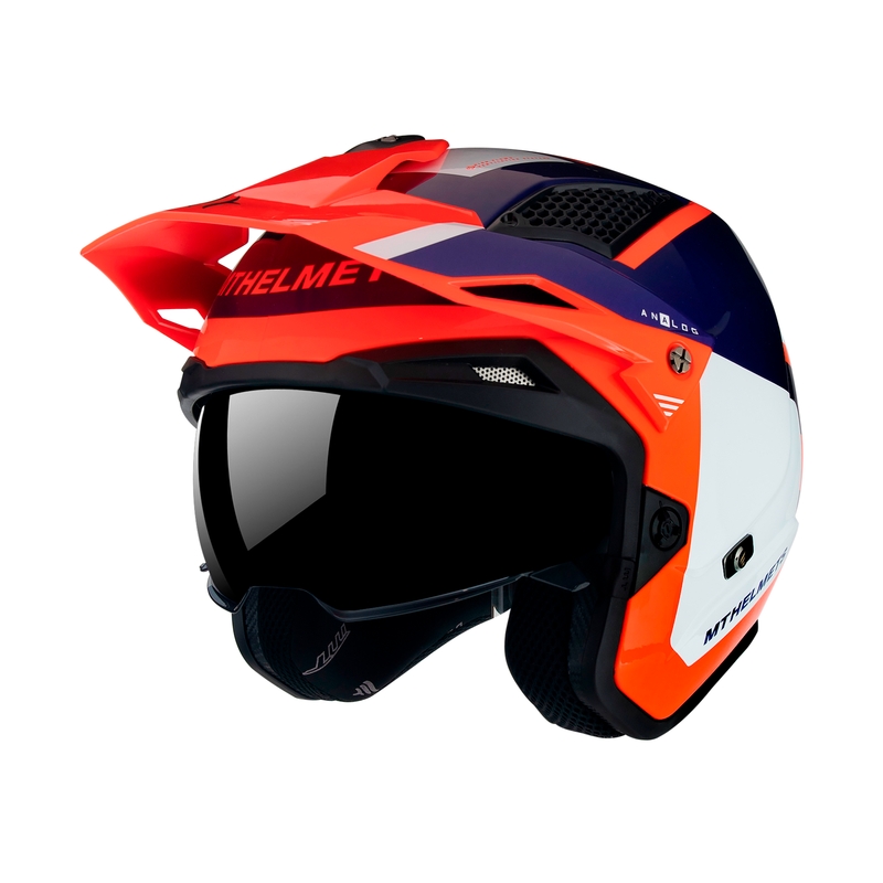 Cască de motocicletă MT District SV Analog D5 albastru-alb-albastru-fluo-portocaliu pentru trialuri deschise
