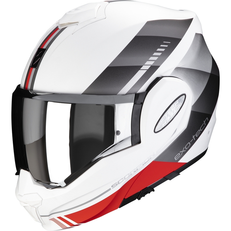 Cască de motocicletă rabatabilă Scorpion EXO-TECH EVO Genre alb-argintiu-roșu lichidare